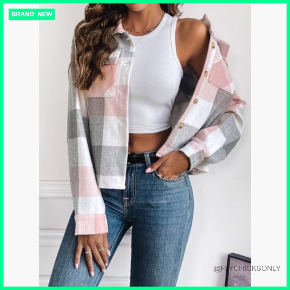 Flannel Cropped Shacket Jacket Plaid Button Down … - image 2
